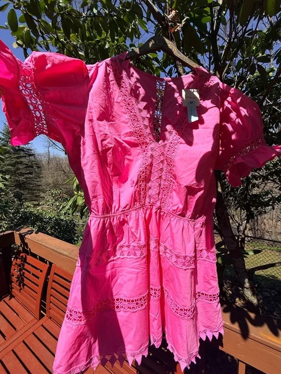 Anthropologie Bright Hot Pink Crochet-Trim Dress - Picture 14 of 16